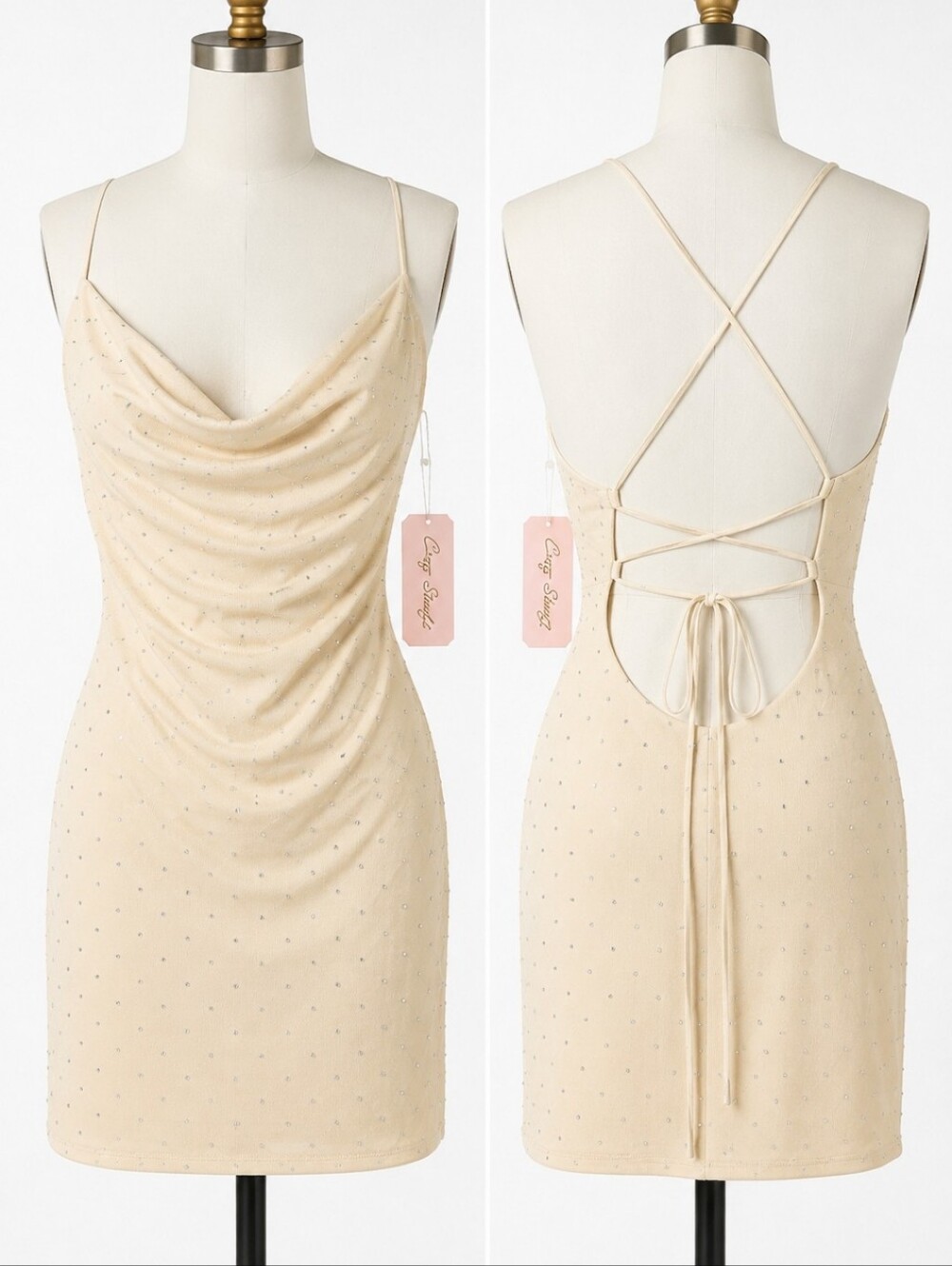 City Studio Beige Bodycon Dress M Cowl Neck Rhinestone Spaghetti Strap Backless - Picture 3 of 11